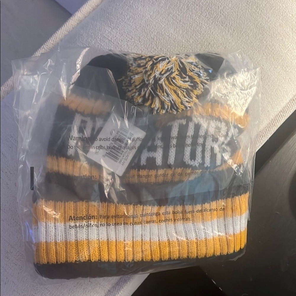 Kids Pom-Pom Beanie - Black, Yellow, White
